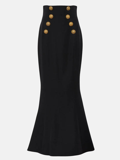 Black High-Waist Gold-Buttoned Maxi Skirt - S - Skirts