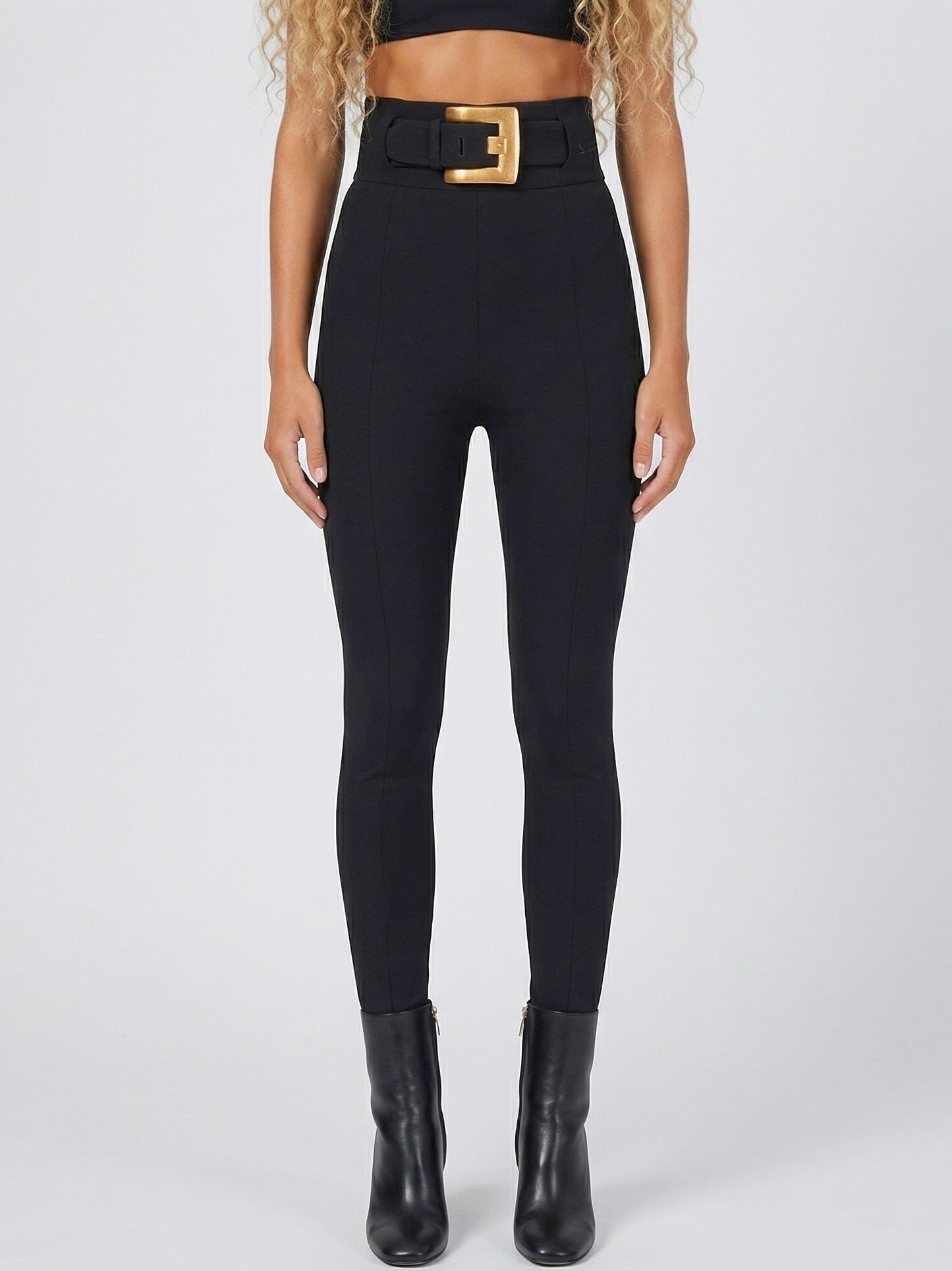 Black High-Waisted Belted Stretch Pants - S - Jeans & Pants