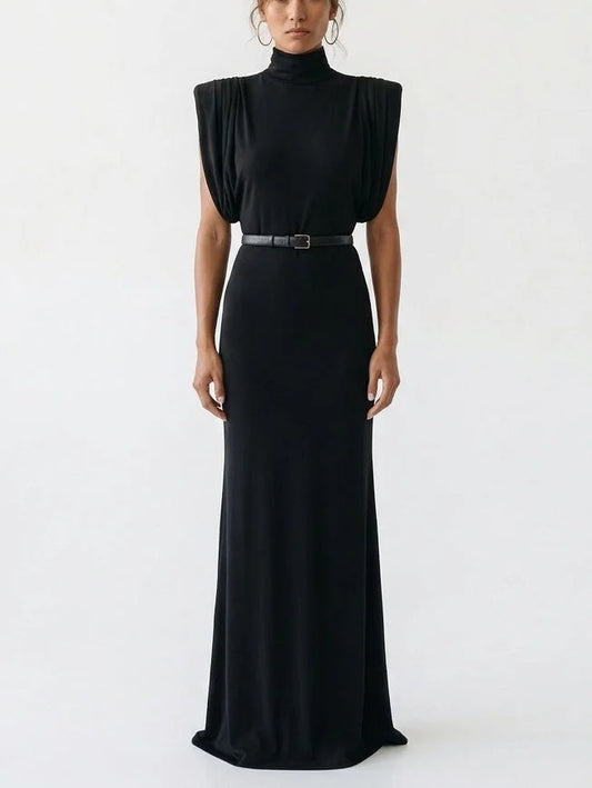 Black High Neck Draped Maxi Dress with Belt - S - Dresses