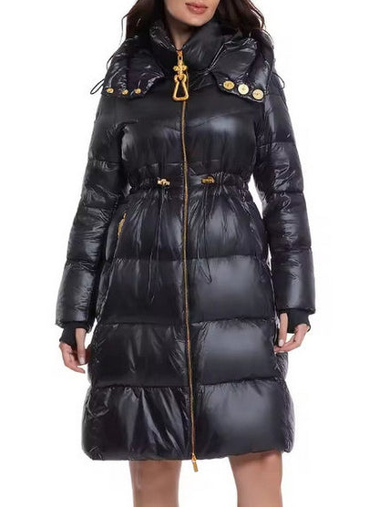 Black Hooded Down Coat with Gold Details - Small - Coats