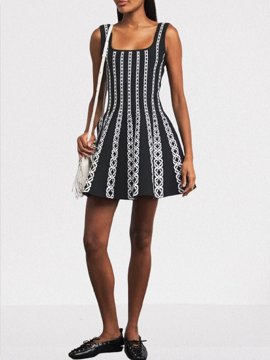 Black Jacquard Knit Flared Mini Dress - Small - Dresses