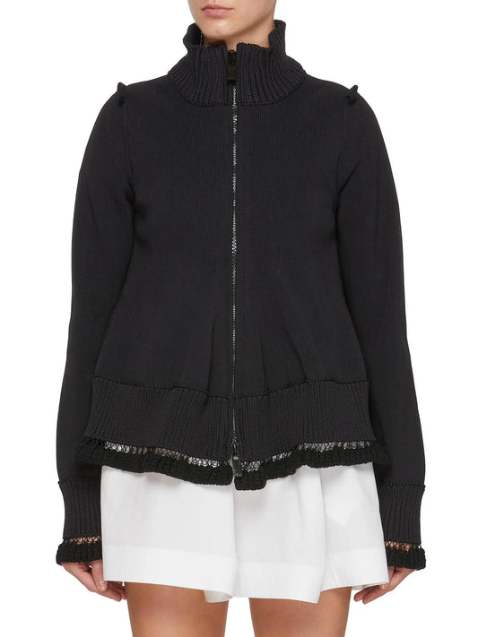 Black Knit Blouson Jacket with Open-Knit Trims - Jackets