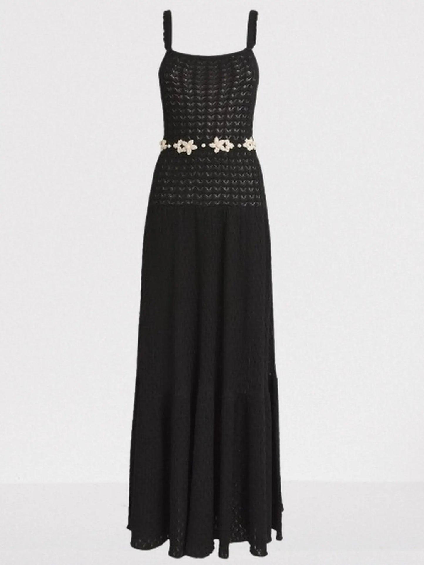 Black Knit Maxi Dress with Floral Embroidery - Small - Dresses