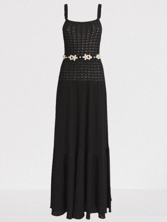 Black Knit Maxi Dress with Floral Embroidery - Small - Dresses