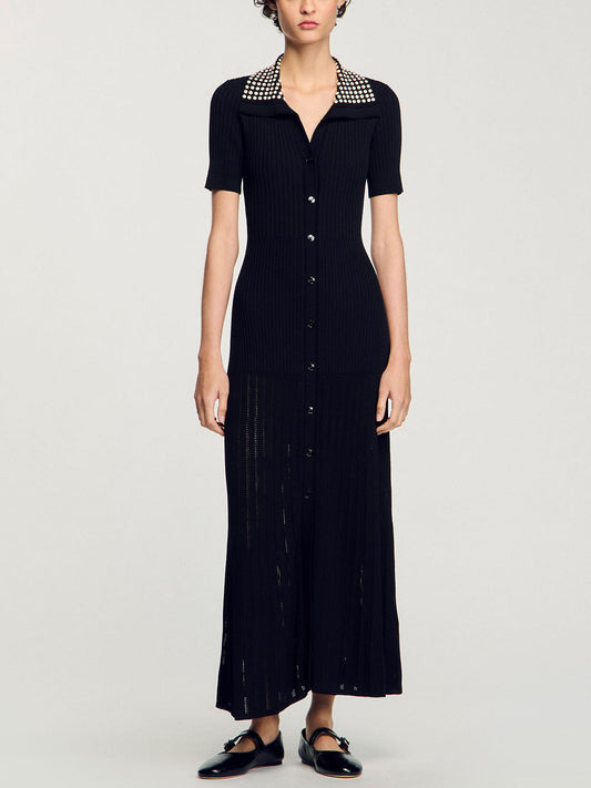 Black Knit Maxi Dress with Studded Collar