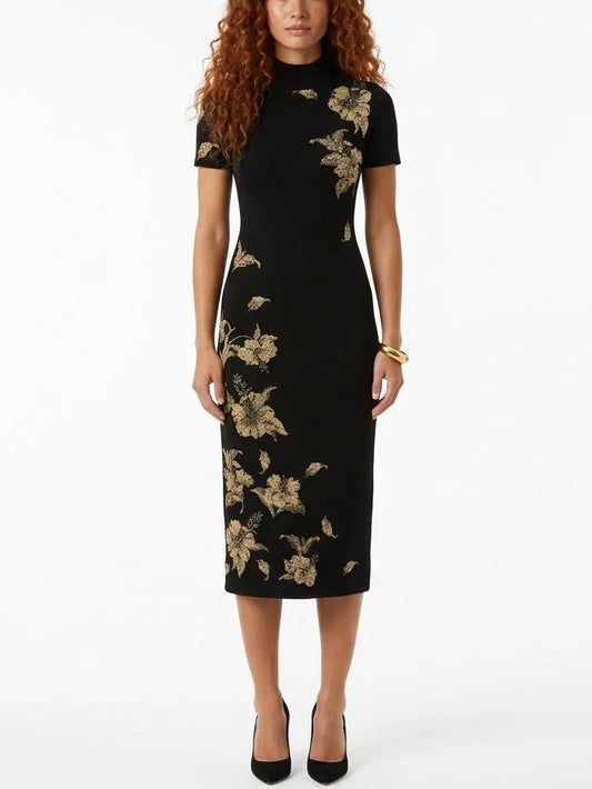 Black Knit Midi Dress with Metallic Floral Print - S - Dresses