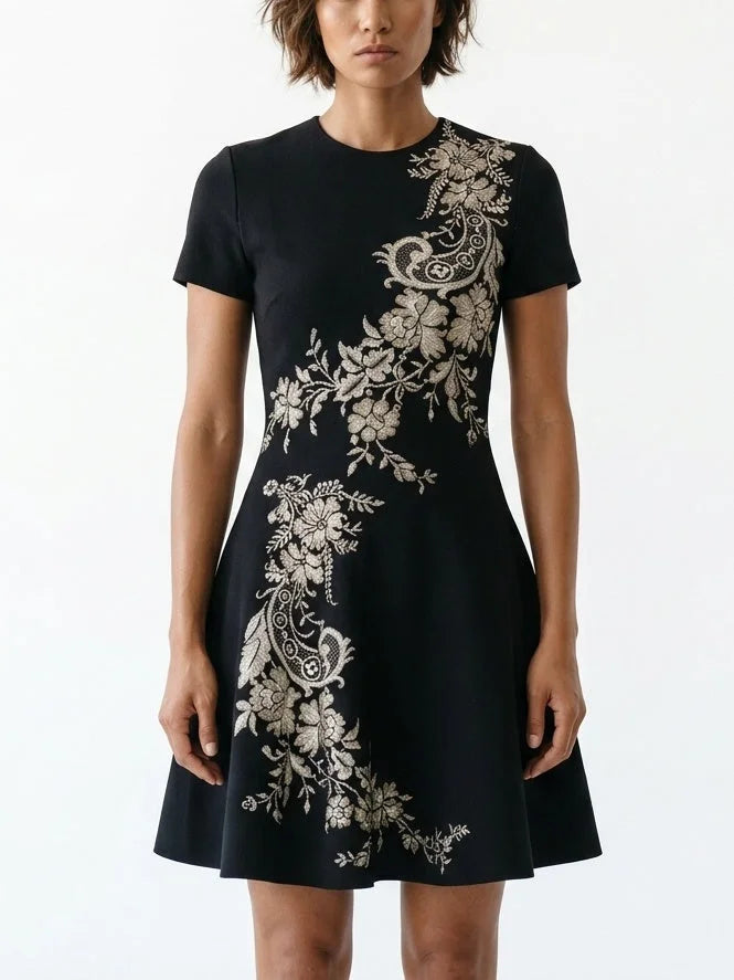 Black Knit Mini Dress with Floral Paisley Motif - S - Dresses