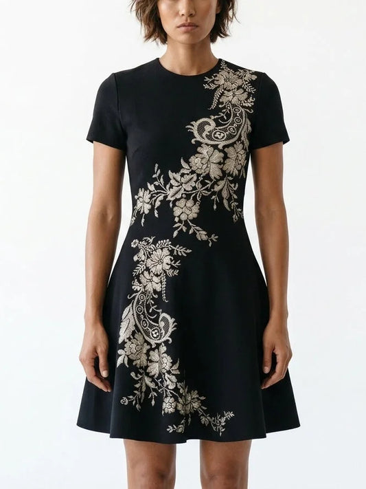 Black Knit Mini Dress with Floral Paisley Motif - S - Dresses
