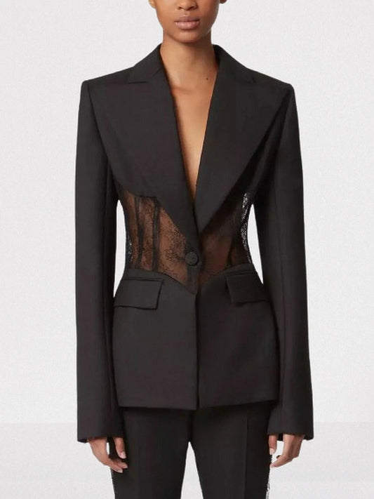 Black Lace-Insert Single-Breasted Blazer - Small - Jackets