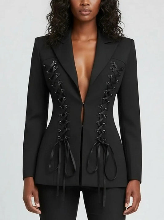 Black Lace-Up Corset Blazer with Sculpted Waist - Small - Jackets