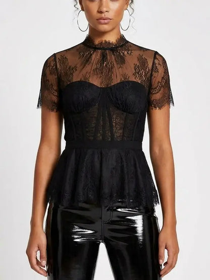 Black Lace Corset Peplum Top - S - Tops