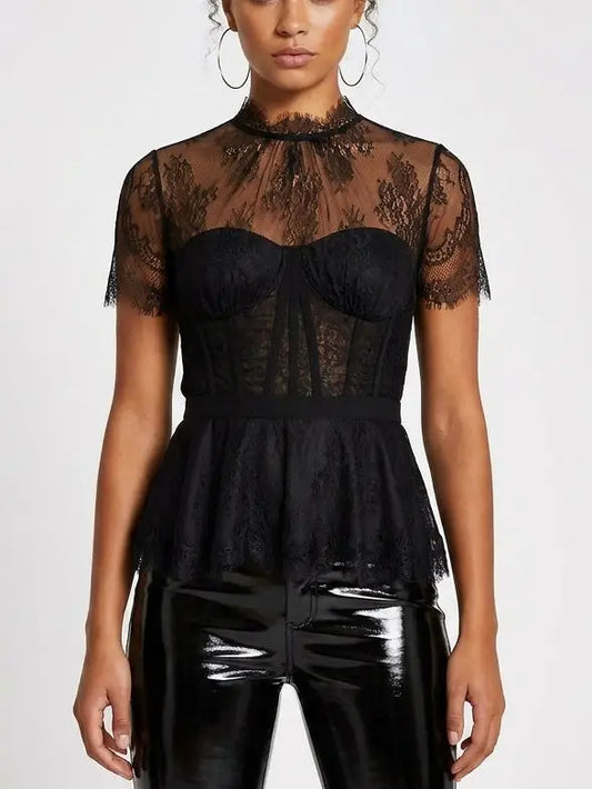 Black Lace Corset Peplum Top - S - Tops
