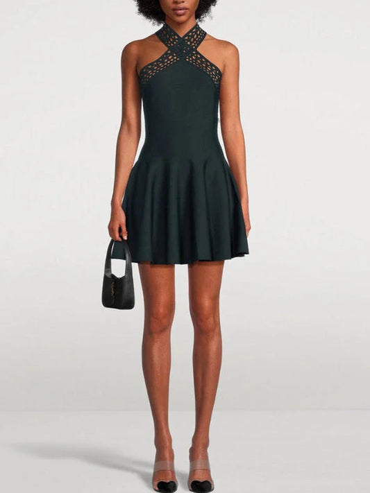 Black Laser-Cut Halter Mini Dress - XS - Dresses
