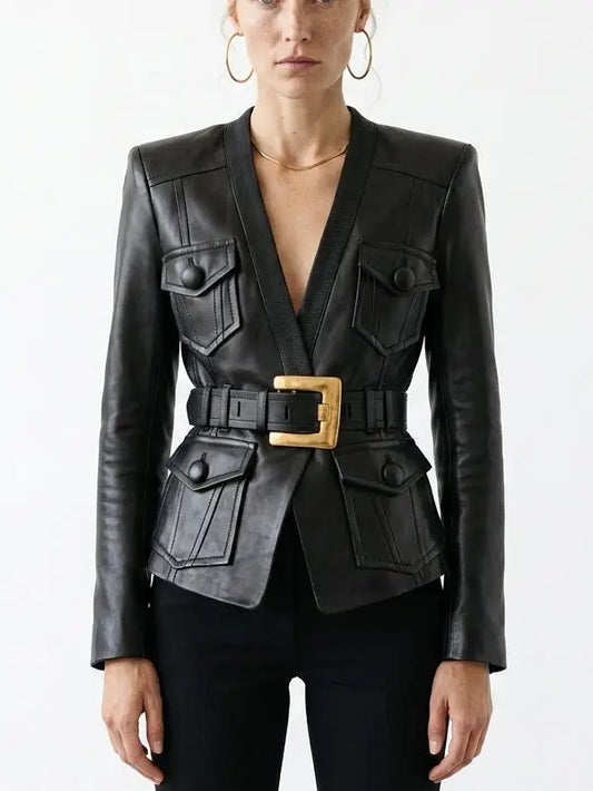 Black Leather Belted Jacket with Utility Pockets - S - Jackets
