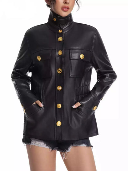 Black Leather Jacket with Gold Decorative Buttons - S - Jackets