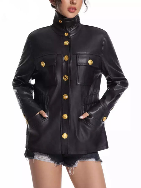 Black Leather Jacket with Gold Decorative Buttons - S - Jackets