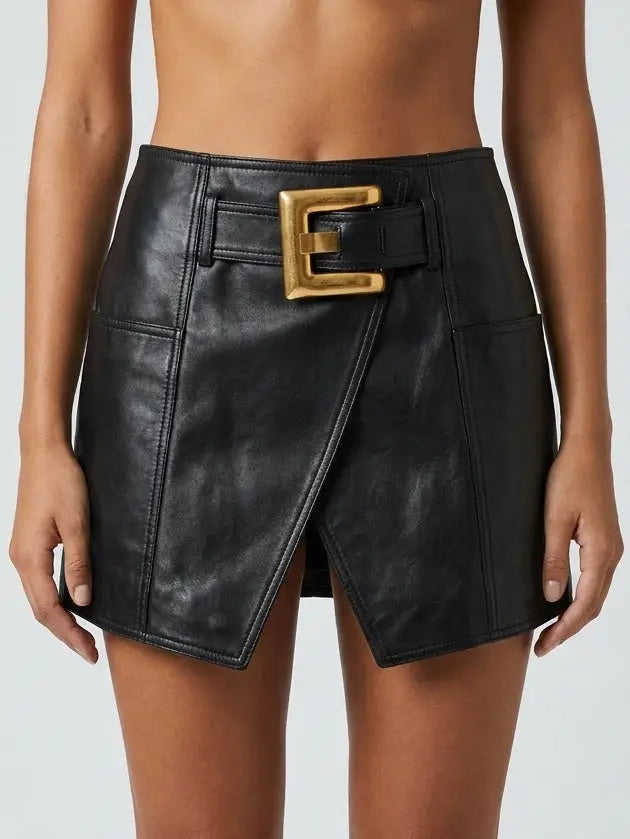 Black Leather Mini Wrap Skirt with Gold Buckle Detail - S - Skirts