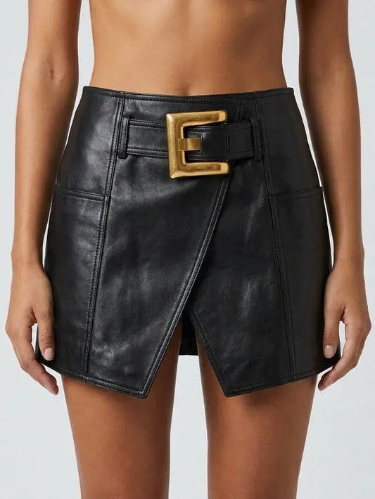Black Leather Mini Wrap Skirt with Gold Buckle Detail - S - Skirts