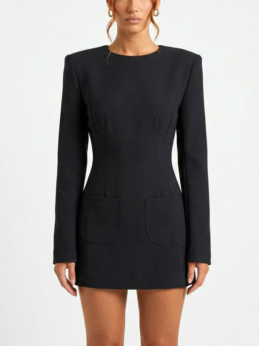 Black Long-Sleeve Structured Mini Dress - Small - Dresses