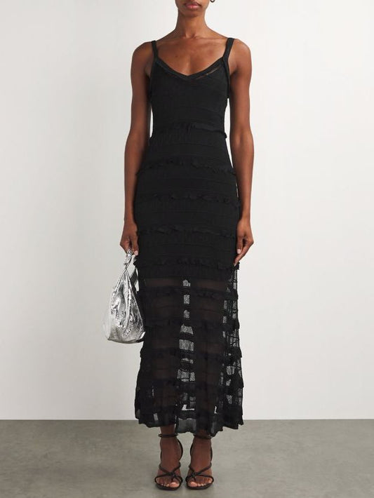 Black Crochet Long Knit Tiered Sleeveless Dress - Branna Couture