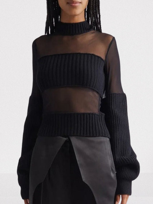Black Mesh and Ribbed Knit Paneled Sweater