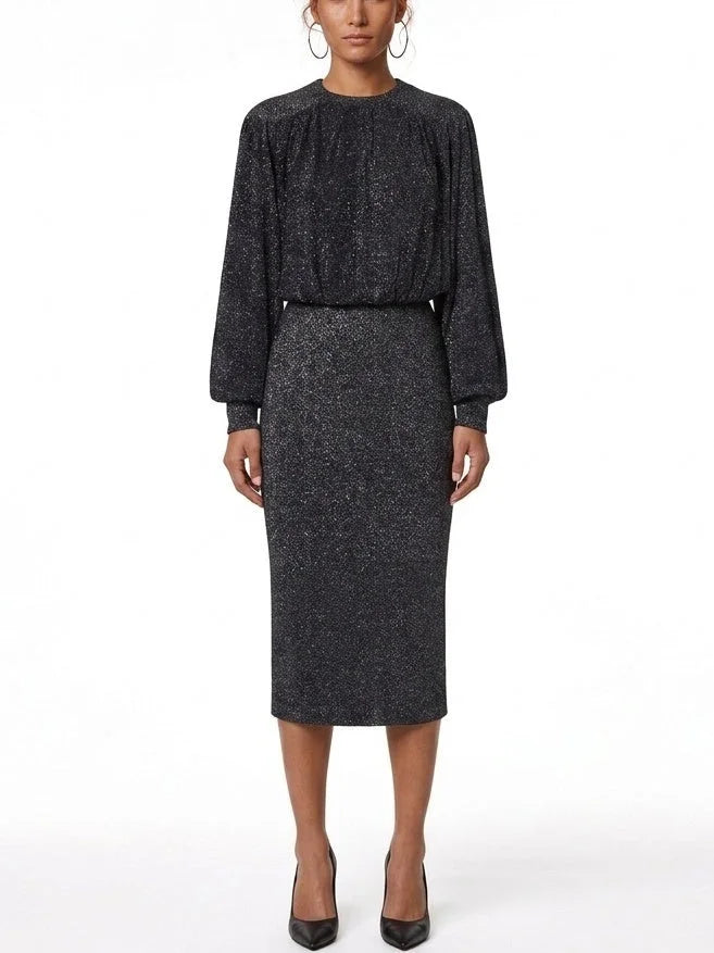 Black Metallic Lurex Knit Midi Dress - S - Dresses