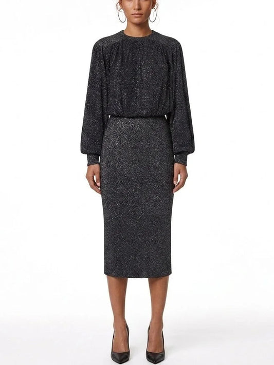 Black Metallic Lurex Knit Midi Dress - S - Dresses