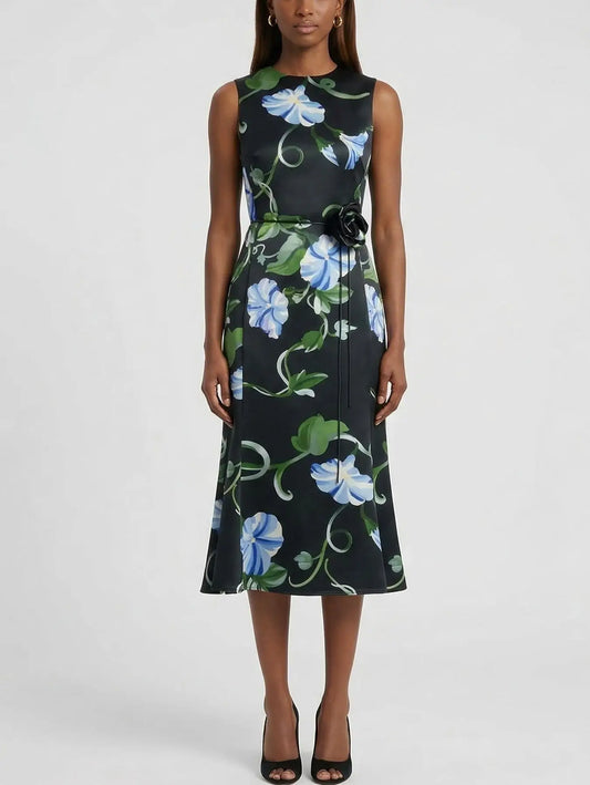 Black Midi Dress with Blue Floral Print - Small - Dresses