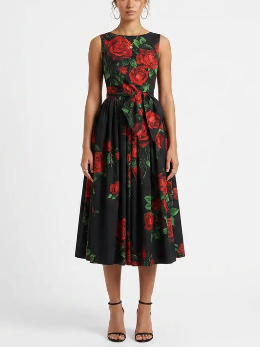 Black Midi Dress with Red Rose Print - S - Dresses