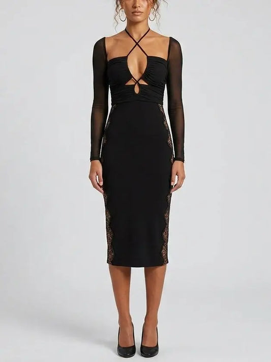 Black Midi Dress with Sheer Sleeves and Lace Panels - XS - Dresses