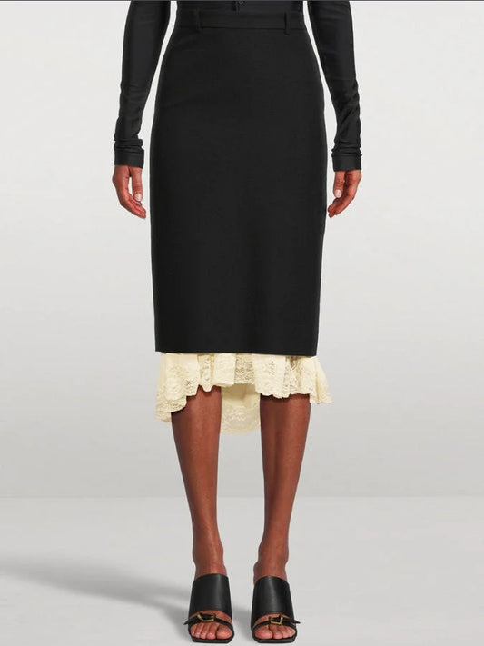 Black Midi Pencil Skirt with Lace Layering - Small - Skirts