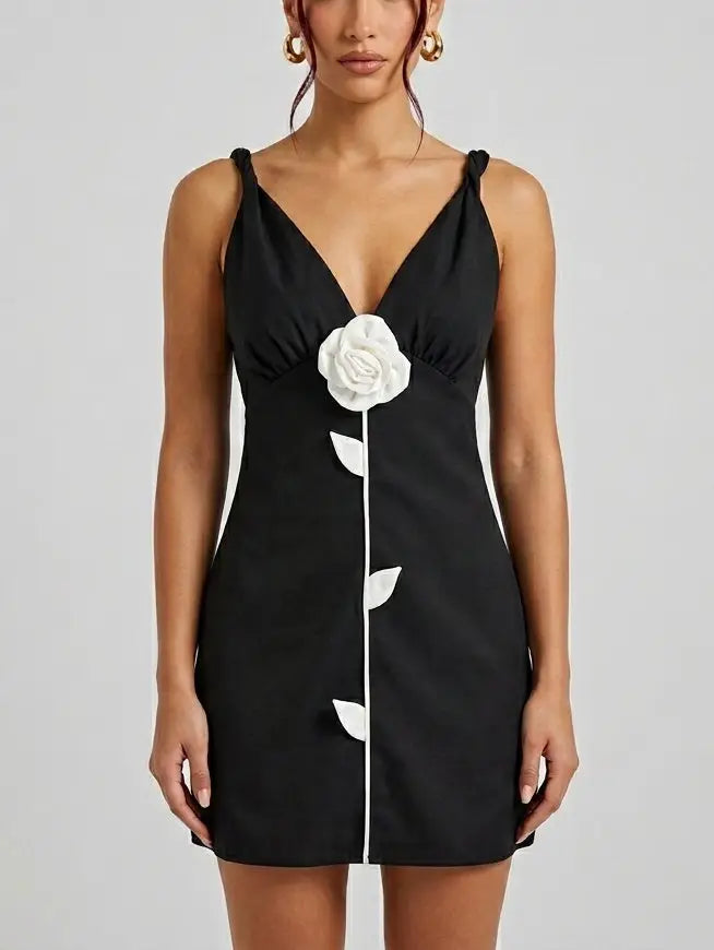 Black Mini Dress with Contrast 3D Floral Detail - Small - Dresses