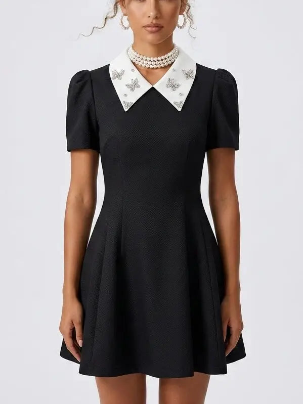 Black Mini Dress with Rhinestone White Contrast Collar - Small - Dresses