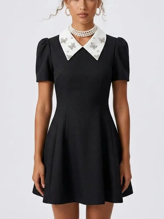 Black Mini Dress with Rhinestone White Contrast Collar - Small - Dresses