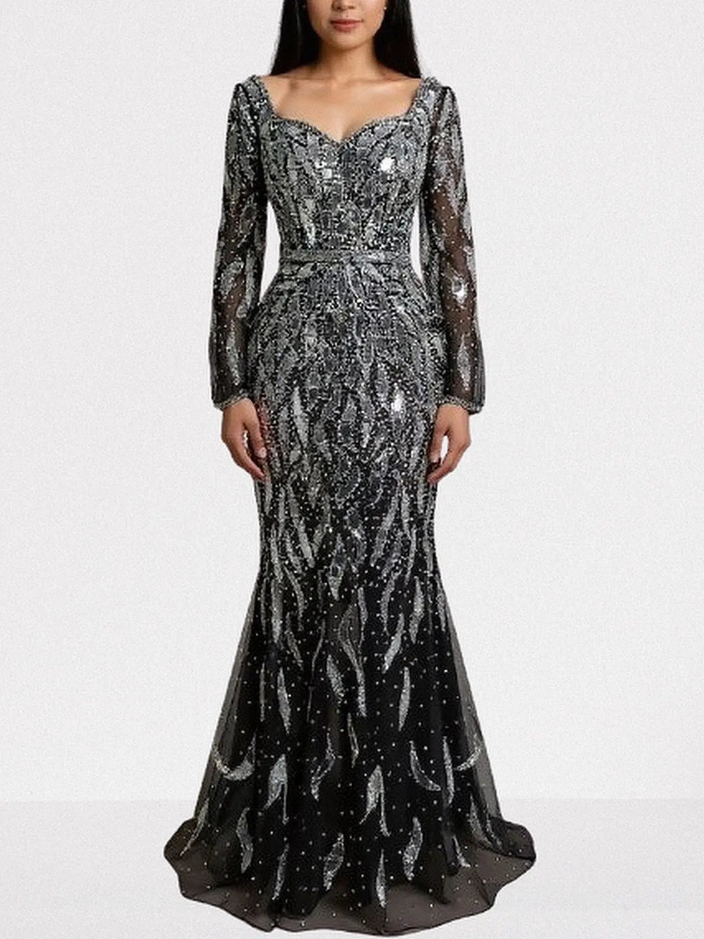 Black Mirror-Embellished Long Sleeve Mermaid Gown - S - Dresses
