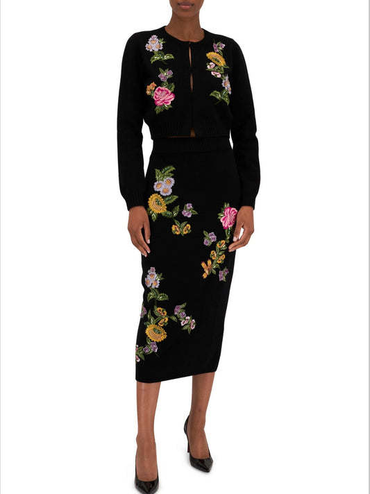 Black Multi Floral Embroidered Knit Cardigan and Skirt Set - Branna Couture