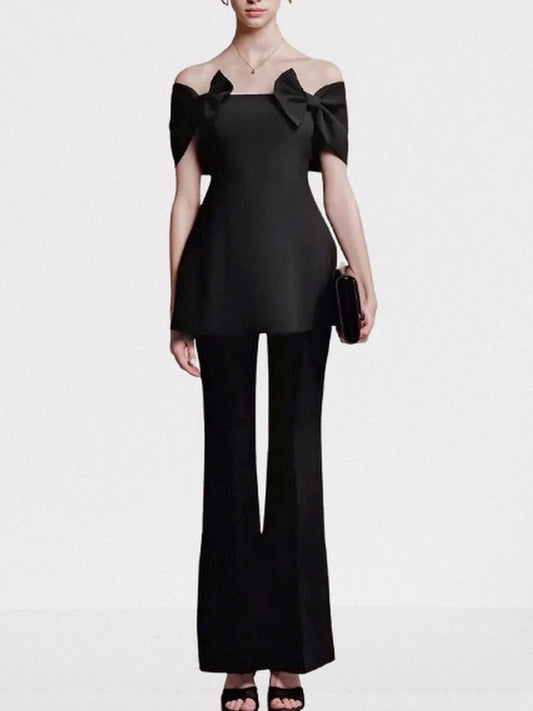 Black Off Shoulder Bow Detail Top and Pant Set S Suits & Sets