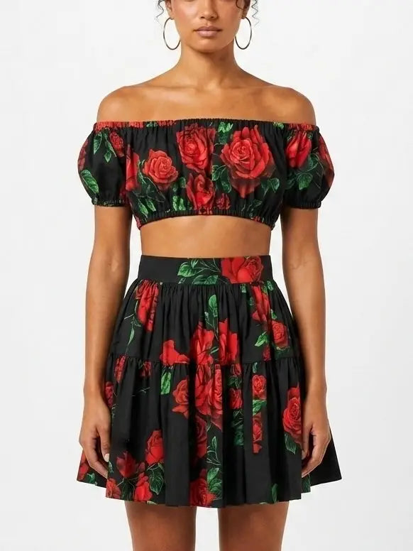 Black Off Shoulder Crop Top and Skirt Set with Rose Print - S - Suits & Sets