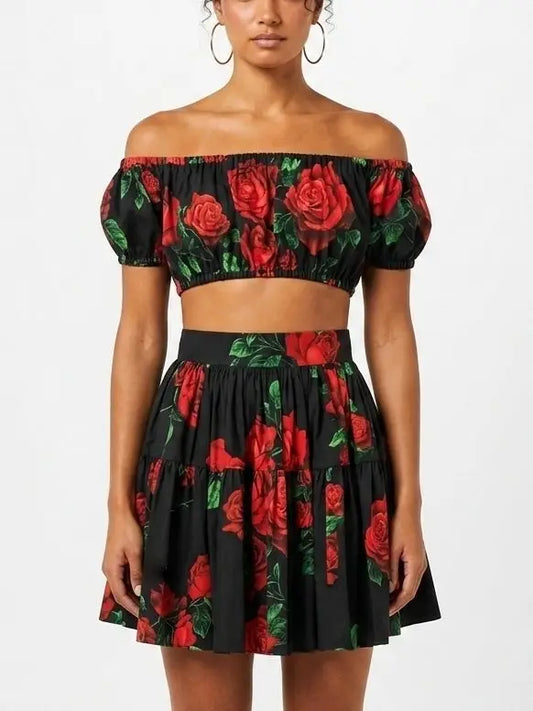 Black Off Shoulder Crop Top and Skirt Set with Rose Print - S - Suits & Sets