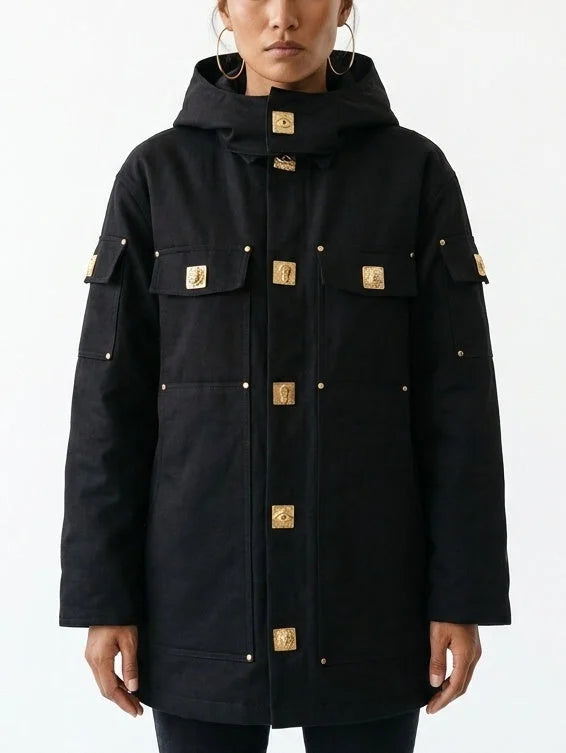 Black Padded Denim Parka with Gold Stud Details - Small - Coats