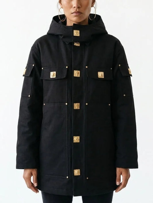Black Padded Denim Parka with Gold Stud Details - Small - Coats