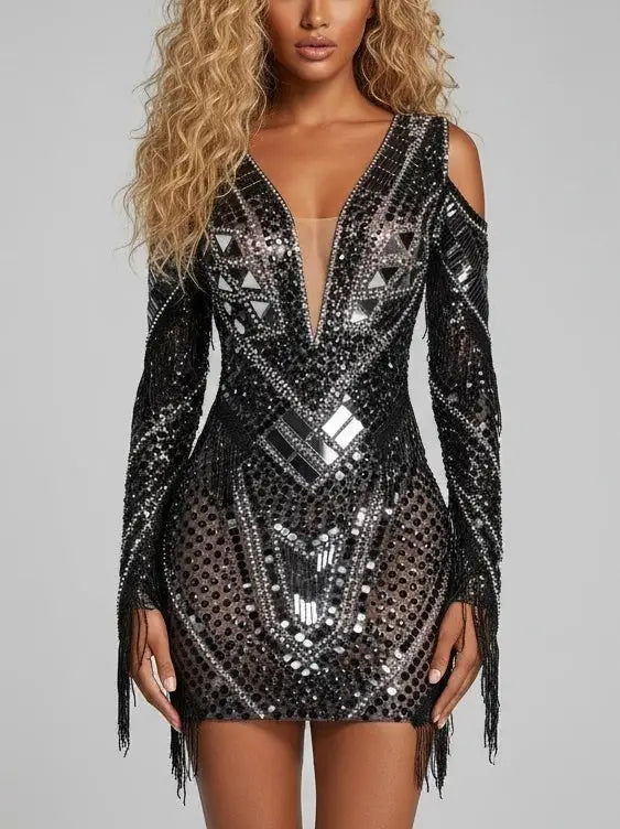 Black Paillette & Rhinestone Fringe Mini Dress - S - Dresses