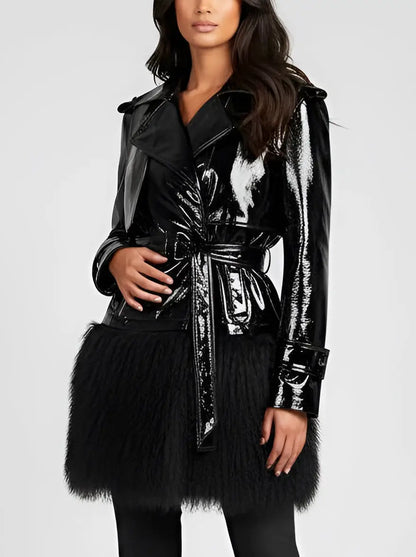 Black Patent Leather Jacket with Faux-Fur Trim - S - Jackets