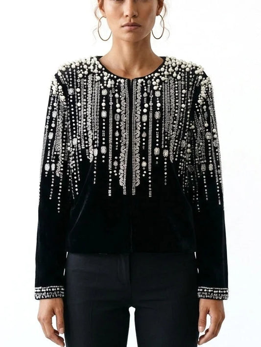 Black Pearl and Crystal Embellished Velvet Jacket - S - Jackets