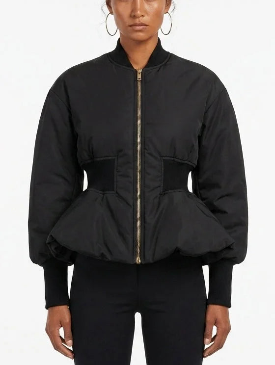 Black Peplum Bomber Jacket with Cinched Waist - Small - Jackets