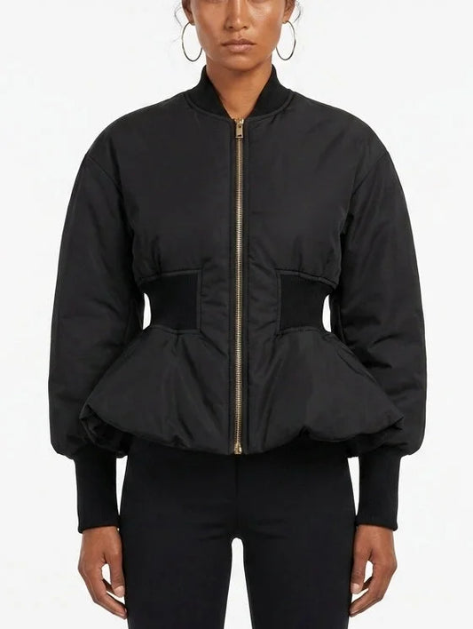 Black Peplum Bomber Jacket with Cinched Waist - Small - Jackets