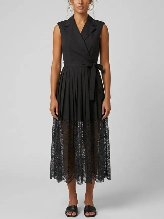 Black Pleated Midi Dress with Lace Hem - Small - Dresses