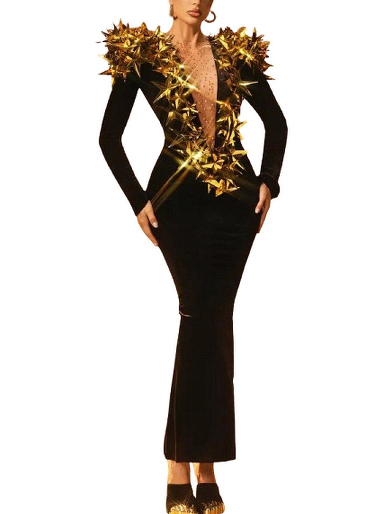 Black Plunge-Neck Gown with Gold Star Appliques - S - Dresses