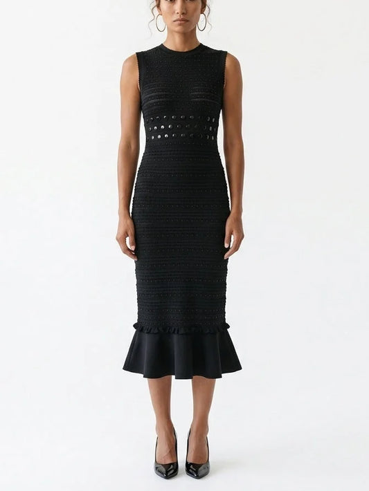 Black Pointelle Knit Midi Dress with Beaded Details - Small - Dresses