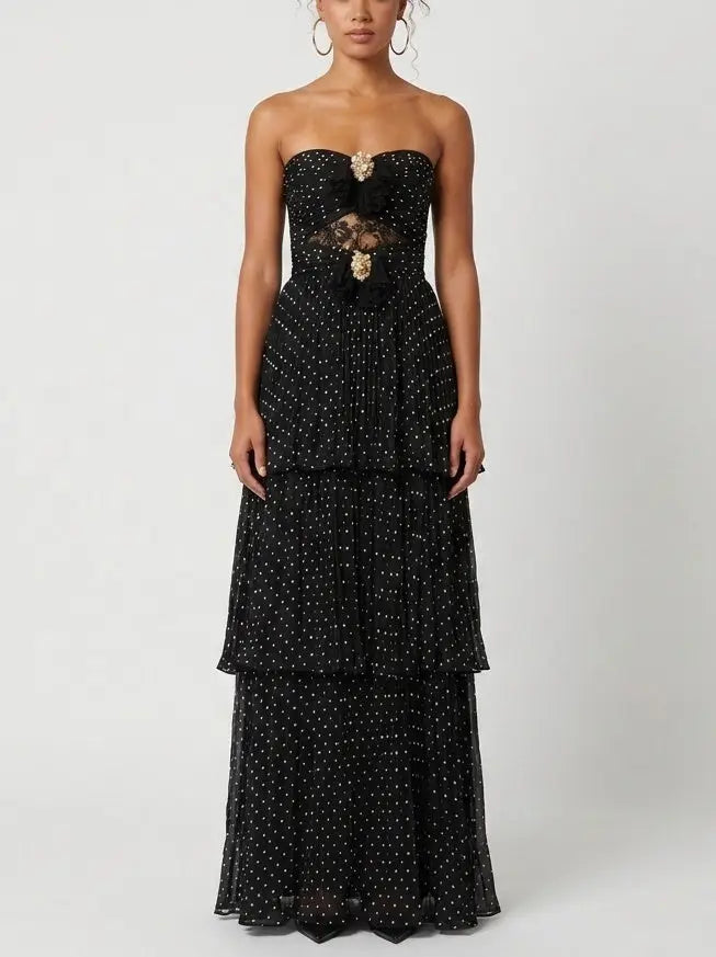 Black Polka Dot Strapless Tiered Maxi Dress - S - Dresses